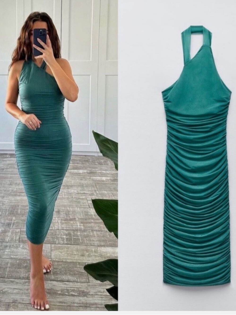 Zara Teal Halter Ruched Midi Dress